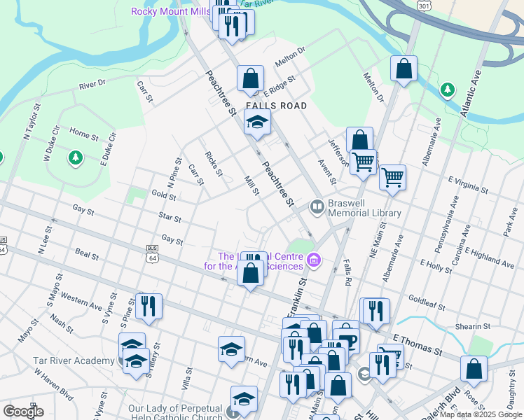 map of restaurants, bars, coffee shops, grocery stores, and more near 512 Keen Street in Rocky Mount