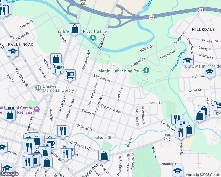 map of restaurants, bars, coffee shops, grocery stores, and more near 624 Myrtle Avenue in Rocky Mount
