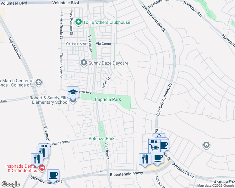 map of restaurants, bars, coffee shops, grocery stores, and more near 2094 Monte Bianco Place in Henderson