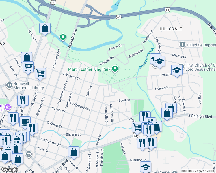 map of restaurants, bars, coffee shops, grocery stores, and more near Kalford Street in Rocky Mount