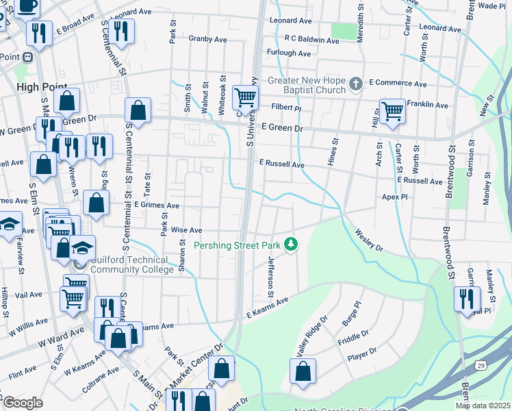 map of restaurants, bars, coffee shops, grocery stores, and more near 910 B Richland Street in High Point