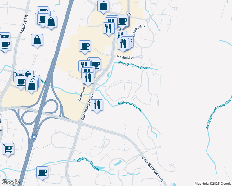 map of restaurants, bars, coffee shops, grocery stores, and more near 101 Gillespie Drive in Franklin
