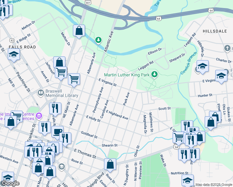map of restaurants, bars, coffee shops, grocery stores, and more near 624 Myrtle Avenue in Rocky Mount