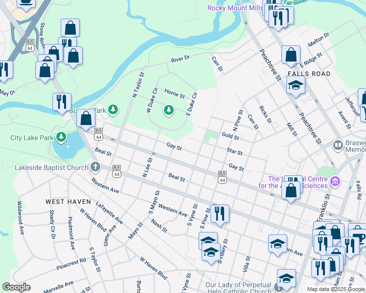 map of restaurants, bars, coffee shops, grocery stores, and more near 1132 Gay Street in Rocky Mount