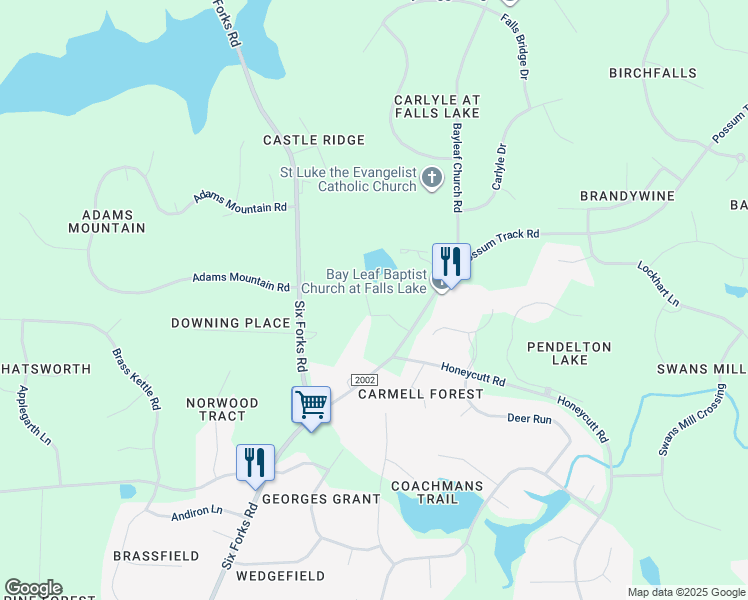 map of restaurants, bars, coffee shops, grocery stores, and more near 12115 Possum Track Road in Raleigh