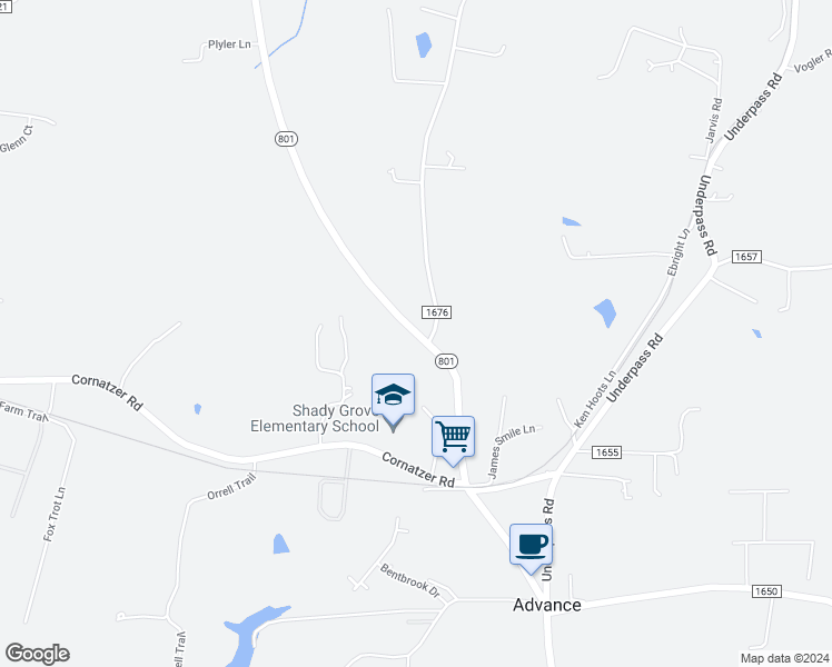 map of restaurants, bars, coffee shops, grocery stores, and more near North Carolina 801 in Advance
