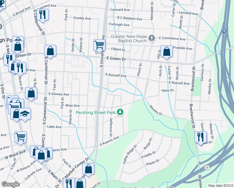 map of restaurants, bars, coffee shops, grocery stores, and more near 907 Jefferson Street in High Point
