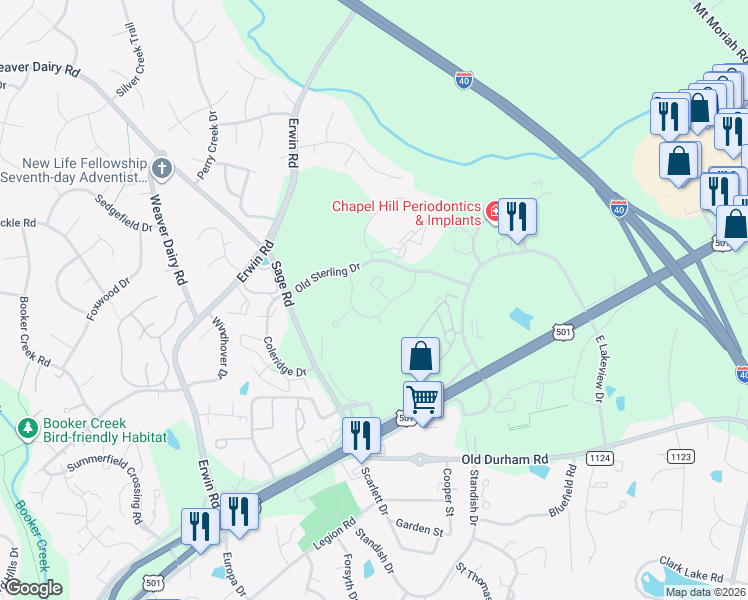 map of restaurants, bars, coffee shops, grocery stores, and more near 101 Providence Glen Drive in Chapel Hill