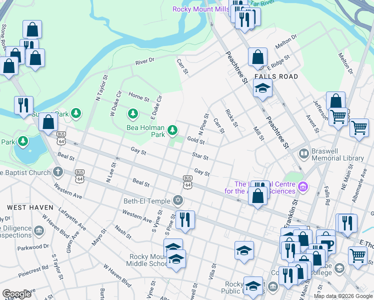 map of restaurants, bars, coffee shops, grocery stores, and more near 921 Gold Street in Rocky Mount