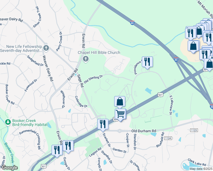 map of restaurants, bars, coffee shops, grocery stores, and more near 533 Ives Court in Chapel Hill