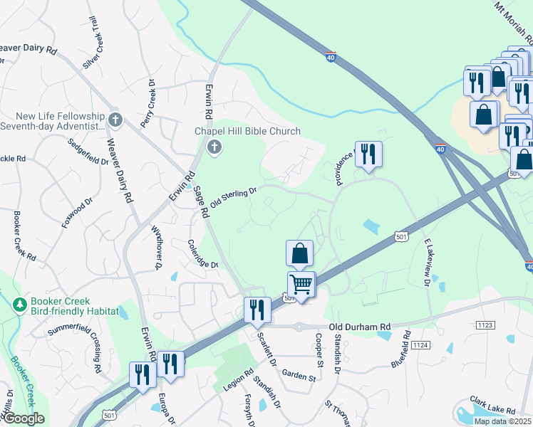 map of restaurants, bars, coffee shops, grocery stores, and more near 1233 Arborgate Circle in Chapel Hill