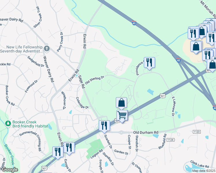 map of restaurants, bars, coffee shops, grocery stores, and more near 101 Providence Glen Drive in Chapel Hill