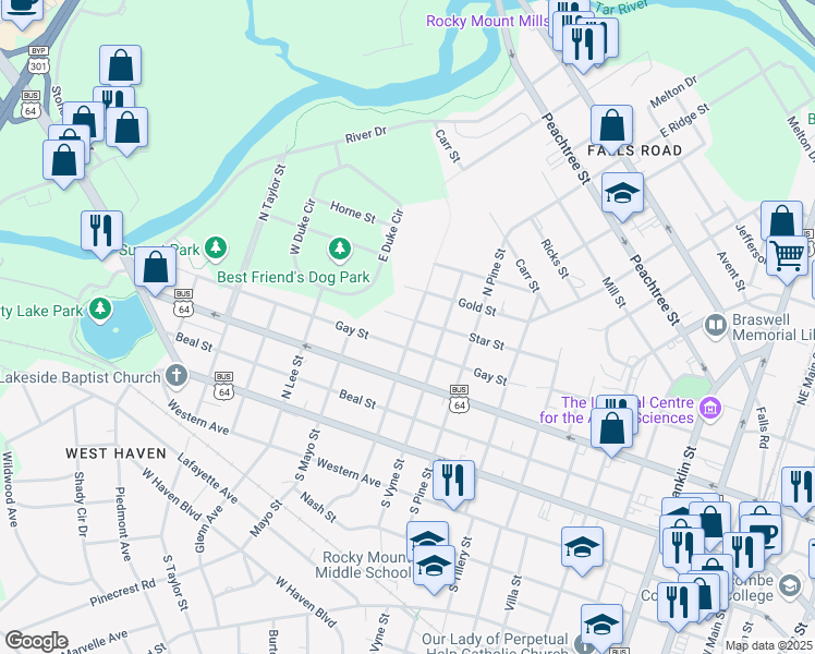 map of restaurants, bars, coffee shops, grocery stores, and more near 418 North Harris Street in Rocky Mount