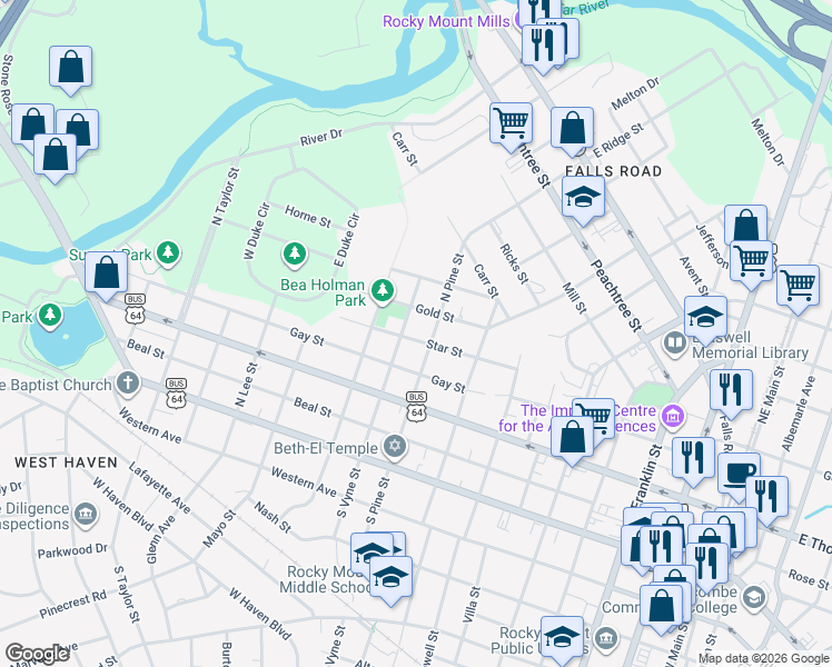 map of restaurants, bars, coffee shops, grocery stores, and more near 921 Gold Street in Rocky Mount