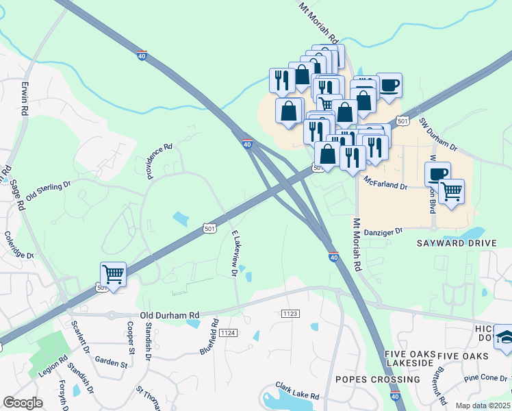 map of restaurants, bars, coffee shops, grocery stores, and more near 5632 Durham-Chapel Hill Boulevard in Durham