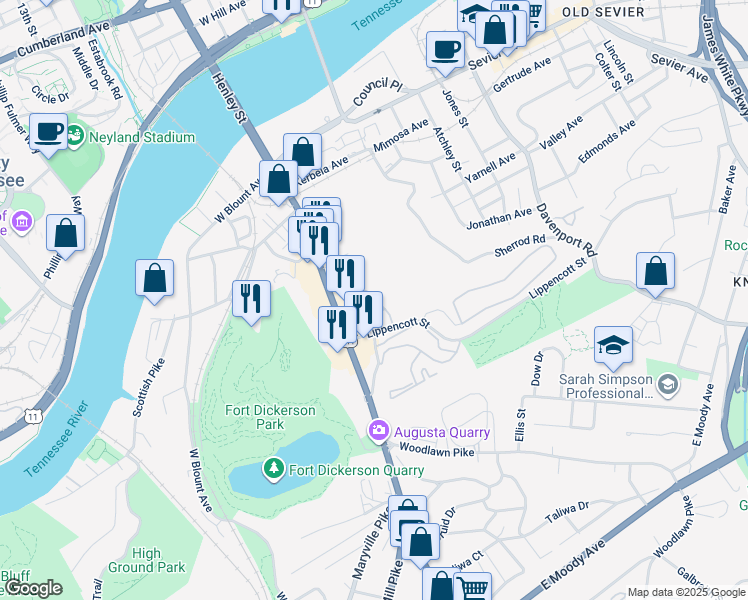 map of restaurants, bars, coffee shops, grocery stores, and more near 2501 Sherrod Road Southeast in Knoxville