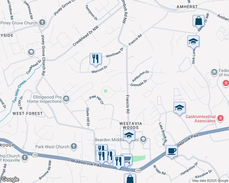 map of restaurants, bars, coffee shops, grocery stores, and more near 5837 Bailey Cove Circle in Knoxville