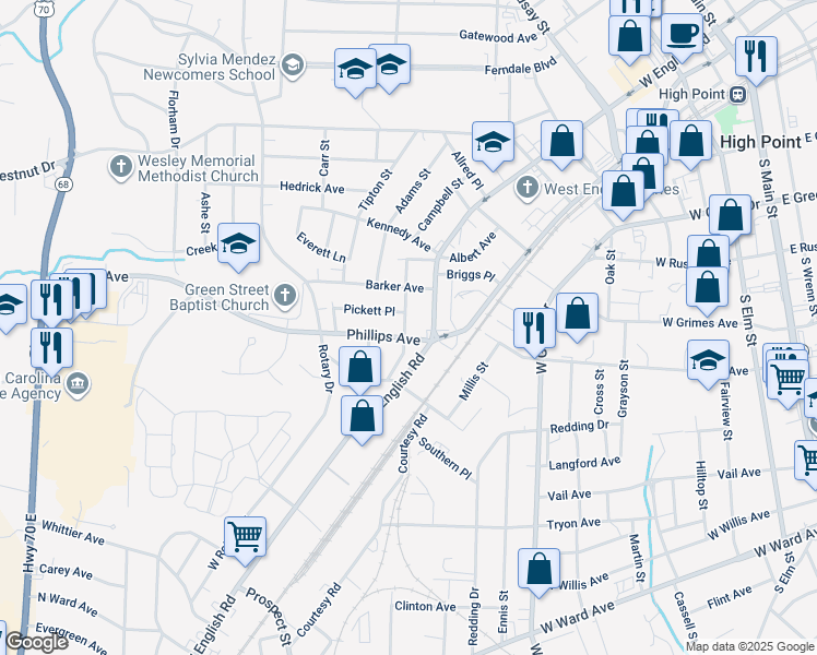map of restaurants, bars, coffee shops, grocery stores, and more near 1405 Bradshaw Street in High Point