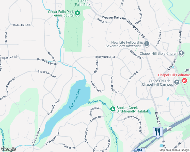 map of restaurants, bars, coffee shops, grocery stores, and more near 450 Lakeshore Lane in Chapel Hill