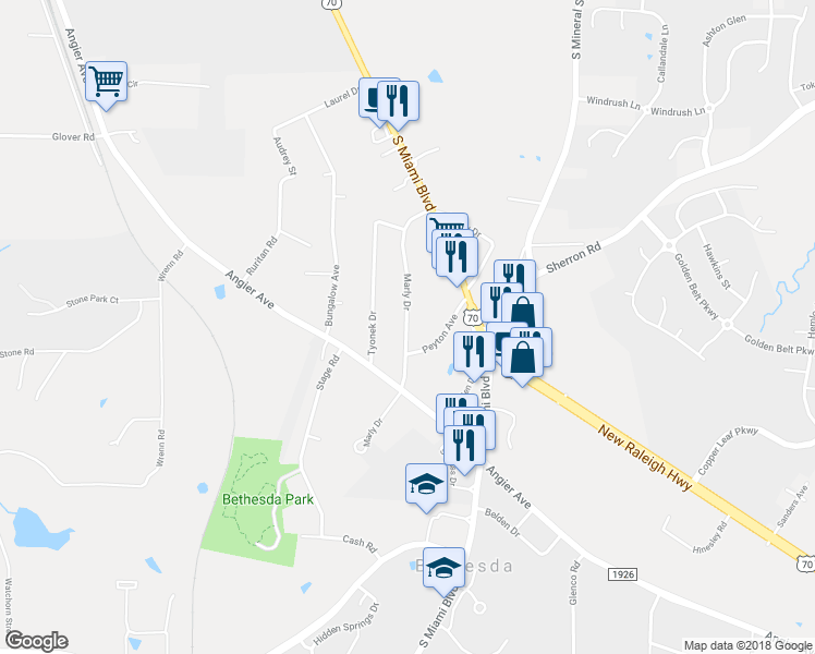map of restaurants, bars, coffee shops, grocery stores, and more near 1542 Marley Drive in Durham