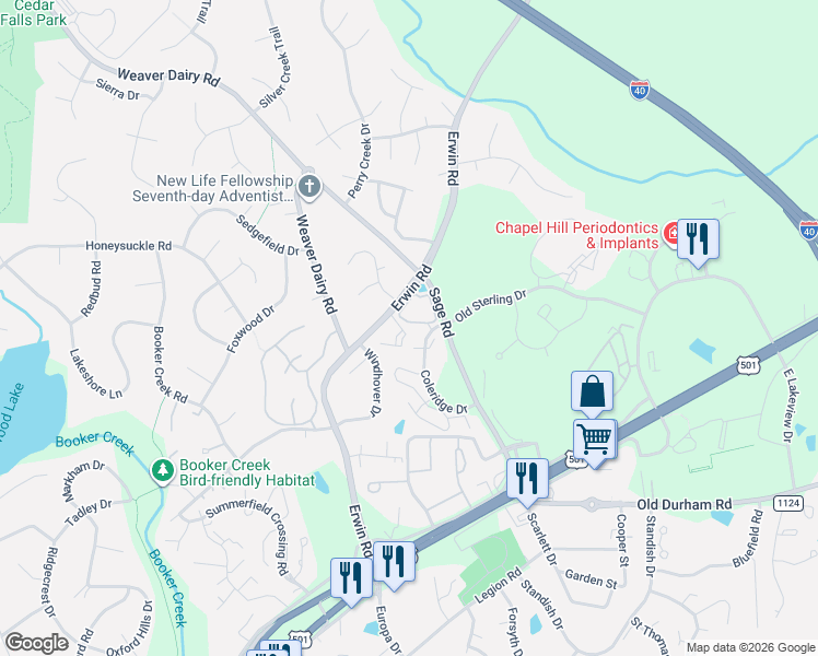 map of restaurants, bars, coffee shops, grocery stores, and more near 508 Presque Isle Lane in Chapel Hill