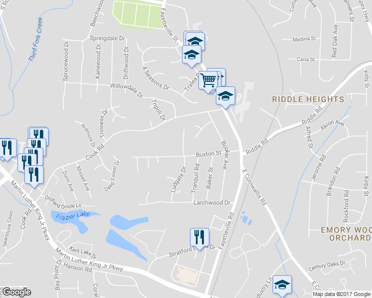 map of restaurants, bars, coffee shops, grocery stores, and more near 3917 Ludgate Drive in Durham