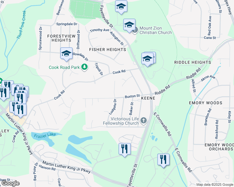 map of restaurants, bars, coffee shops, grocery stores, and more near 3917 Ludgate Drive in Durham