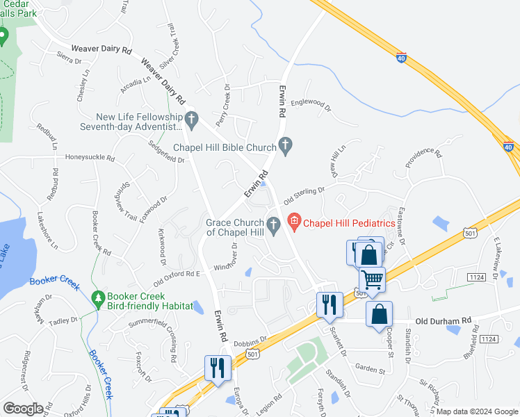 map of restaurants, bars, coffee shops, grocery stores, and more near 110 Presque Isle Lane in Chapel Hill