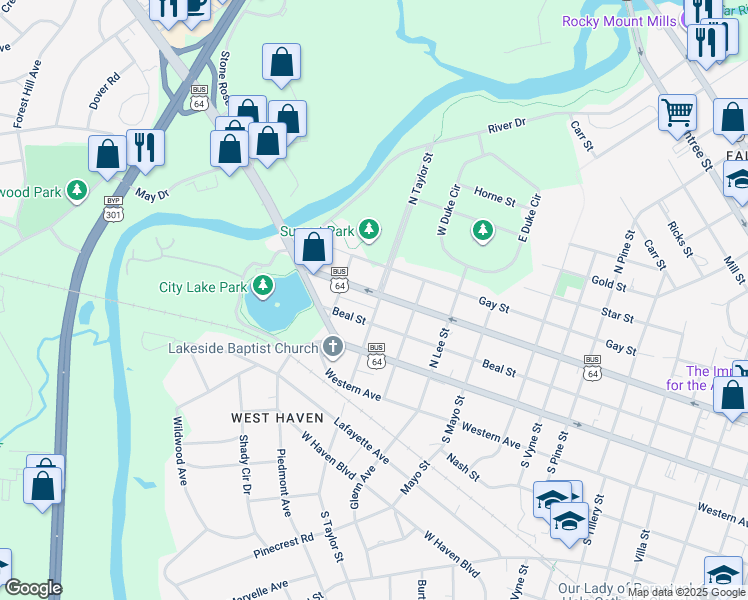 map of restaurants, bars, coffee shops, grocery stores, and more near 1501 West Thomas Street in Rocky Mount