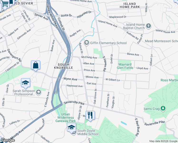map of restaurants, bars, coffee shops, grocery stores, and more near 1728 Price Avenue in Knoxville