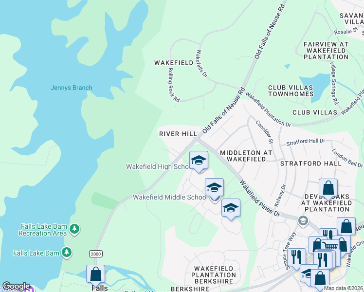 map of restaurants, bars, coffee shops, grocery stores, and more near 2017 River Hill Drive in Wake Forest