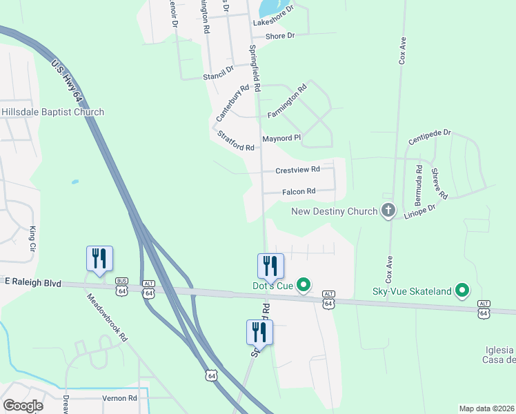 map of restaurants, bars, coffee shops, grocery stores, and more near 1142-1198 Springfield Rd in Rocky Mt