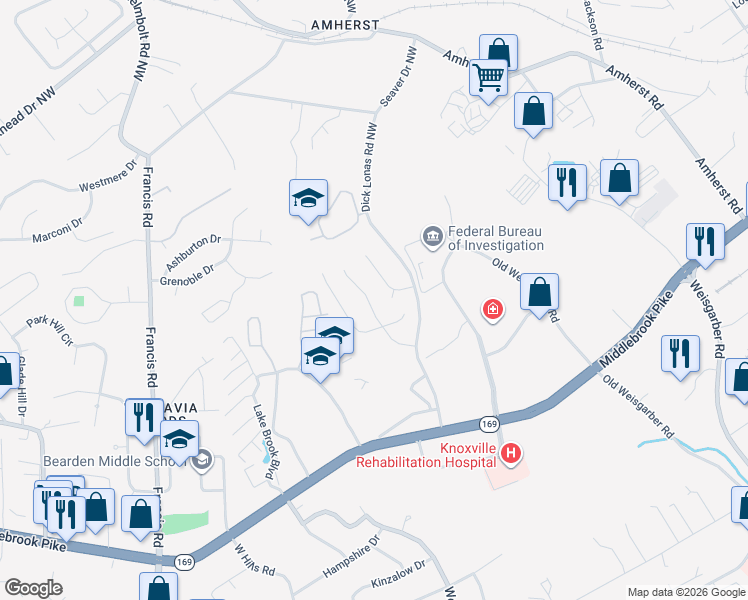 map of restaurants, bars, coffee shops, grocery stores, and more near 1450 Remington Grove Lane in Knoxville