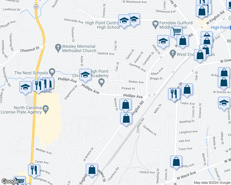 map of restaurants, bars, coffee shops, grocery stores, and more near 316 Rotary Drive in High Point