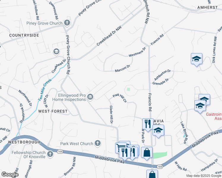 map of restaurants, bars, coffee shops, grocery stores, and more near 7615 Chatham Circle Northwest in Knoxville