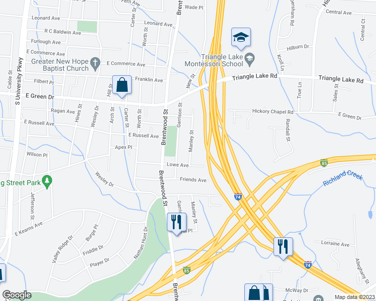 map of restaurants, bars, coffee shops, grocery stores, and more near 610 Manley Street in High Point