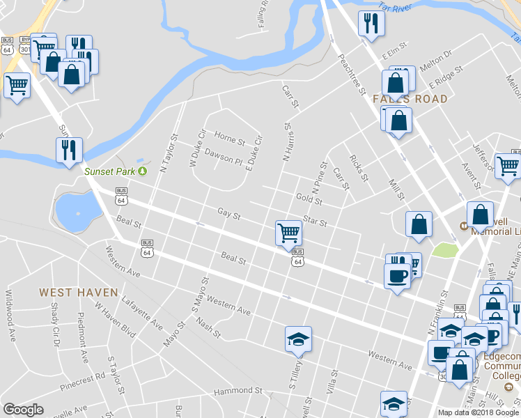 map of restaurants, bars, coffee shops, grocery stores, and more near 1109 Star Street in Rocky Mount