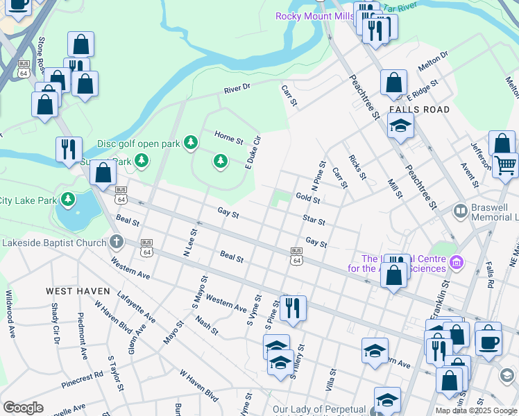 map of restaurants, bars, coffee shops, grocery stores, and more near 1109 Star Street in Rocky Mount