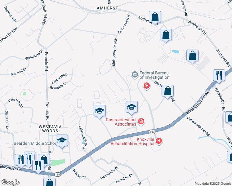 map of restaurants, bars, coffee shops, grocery stores, and more near 1450 Remington Grove Lane in Knoxville