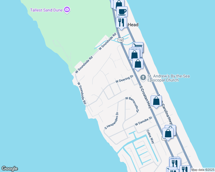 map of restaurants, bars, coffee shops, grocery stores, and more near Deering St in Nags Head