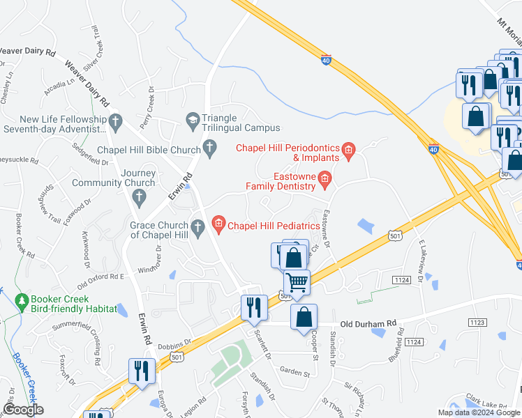 map of restaurants, bars, coffee shops, grocery stores, and more near 1411 Arborgate Circle in Chapel Hill