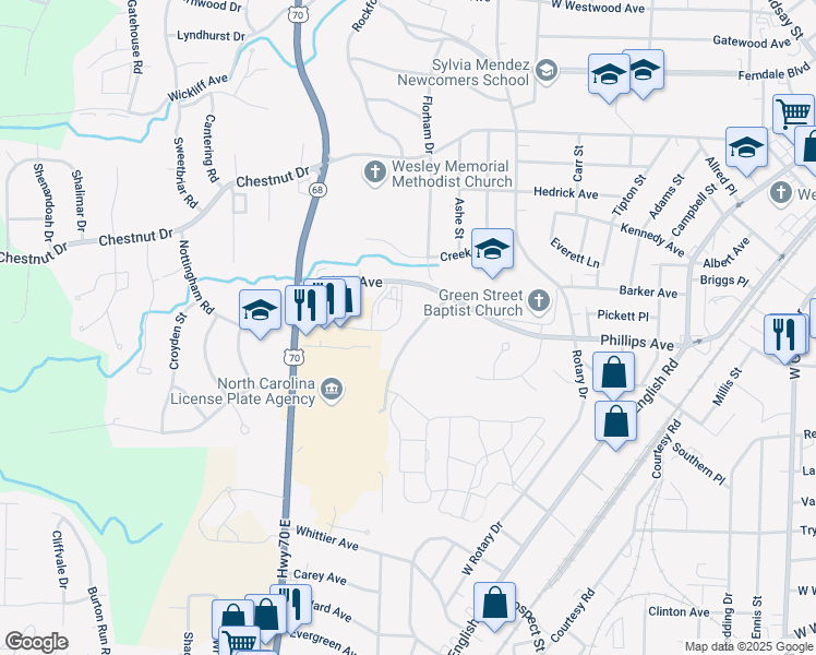 map of restaurants, bars, coffee shops, grocery stores, and more near 905 Phillips Avenue in High Point