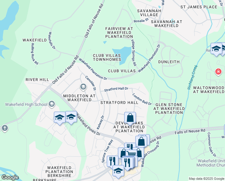 map of restaurants, bars, coffee shops, grocery stores, and more near 12417 Brandon Hall Drive in Raleigh