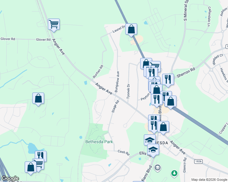 map of restaurants, bars, coffee shops, grocery stores, and more near 3849 Angier Avenue in Durham