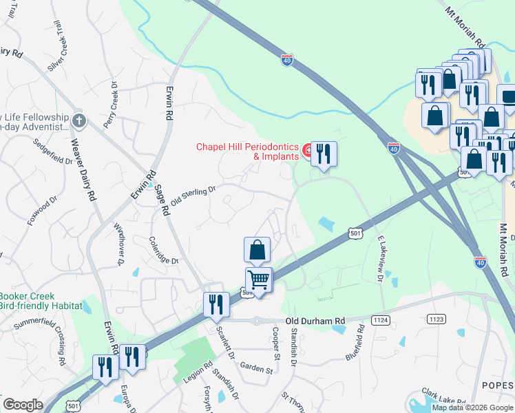 map of restaurants, bars, coffee shops, grocery stores, and more near 923 Providence Glen Drive in Chapel Hill