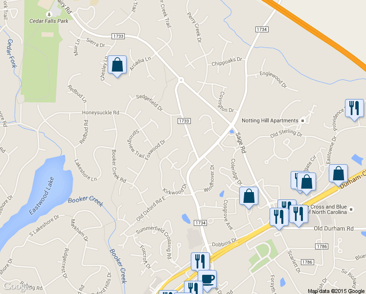 map of restaurants, bars, coffee shops, grocery stores, and more near 2471 Foxwood Drive in Chapel Hill