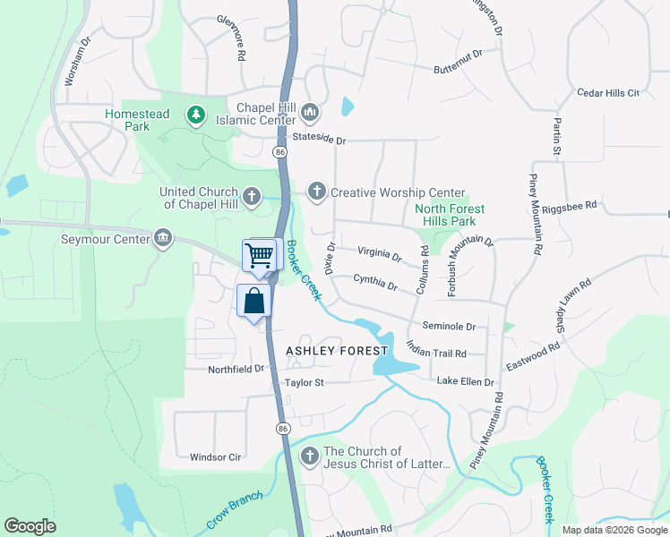 map of restaurants, bars, coffee shops, grocery stores, and more near 120 Dixie Drive in Chapel Hill