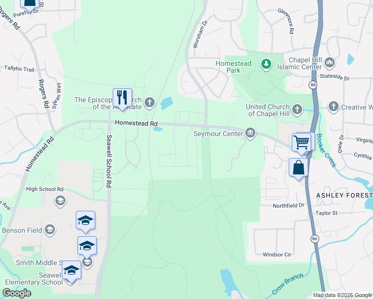 map of restaurants, bars, coffee shops, grocery stores, and more near 129 Greenway Landing in Chapel Hill