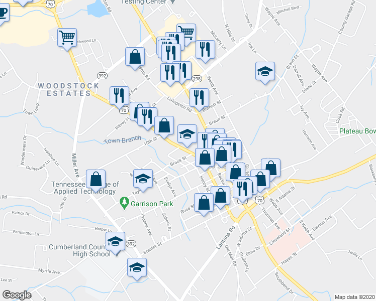 map of restaurants, bars, coffee shops, grocery stores, and more near in Crossville