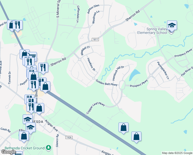 map of restaurants, bars, coffee shops, grocery stores, and more near 1705 Creighton Hall Way in Durham